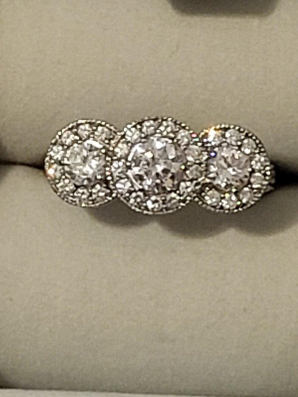 Designer STAUER Three Stone Halo Cubic Zirconia Sterling Silver Ring - Size 6